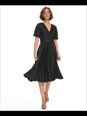 DKNY Black Pleated Wrap Midi Dress